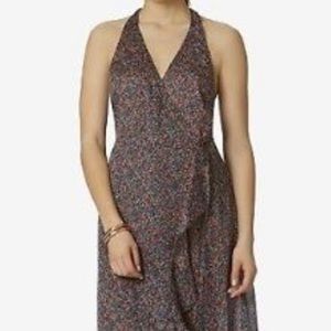 blue wrap midi dress red floral print halter